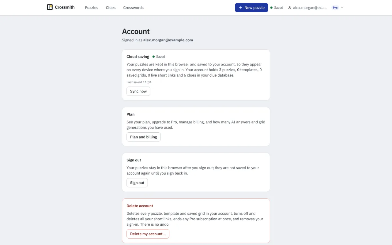 The Account page: the signed-in address, Cloud saving with a Saved badge and a Sync now button, Plan and billing, Sign out and Delete account.