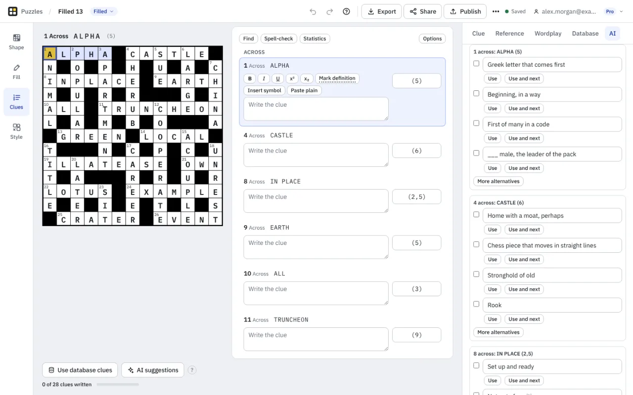 The AI tab in Clues mode: four suggested clues under each of several answers, each with a tick box and Use and Use and next buttons.