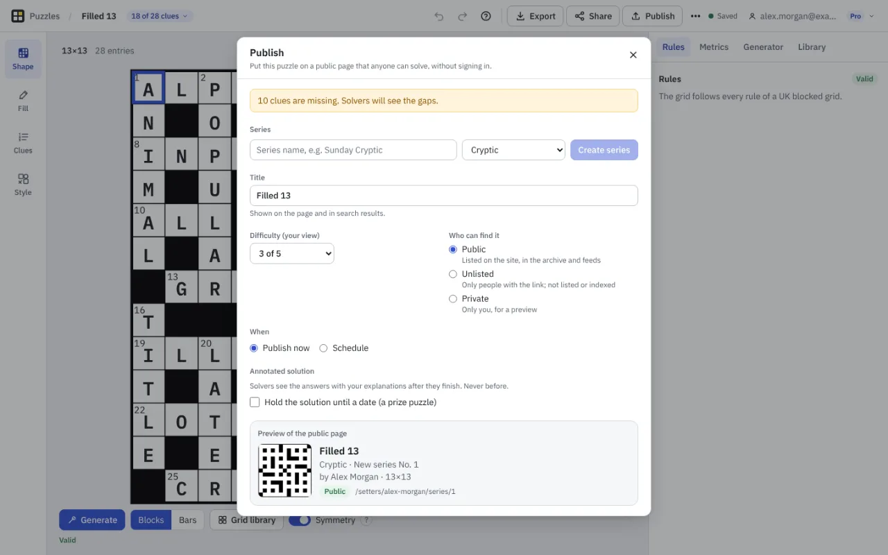 The Publish window: a series name and kind, a title, difficulty, who can find the puzzle (public, unlisted or private), when to publish, and a preview of the public page.