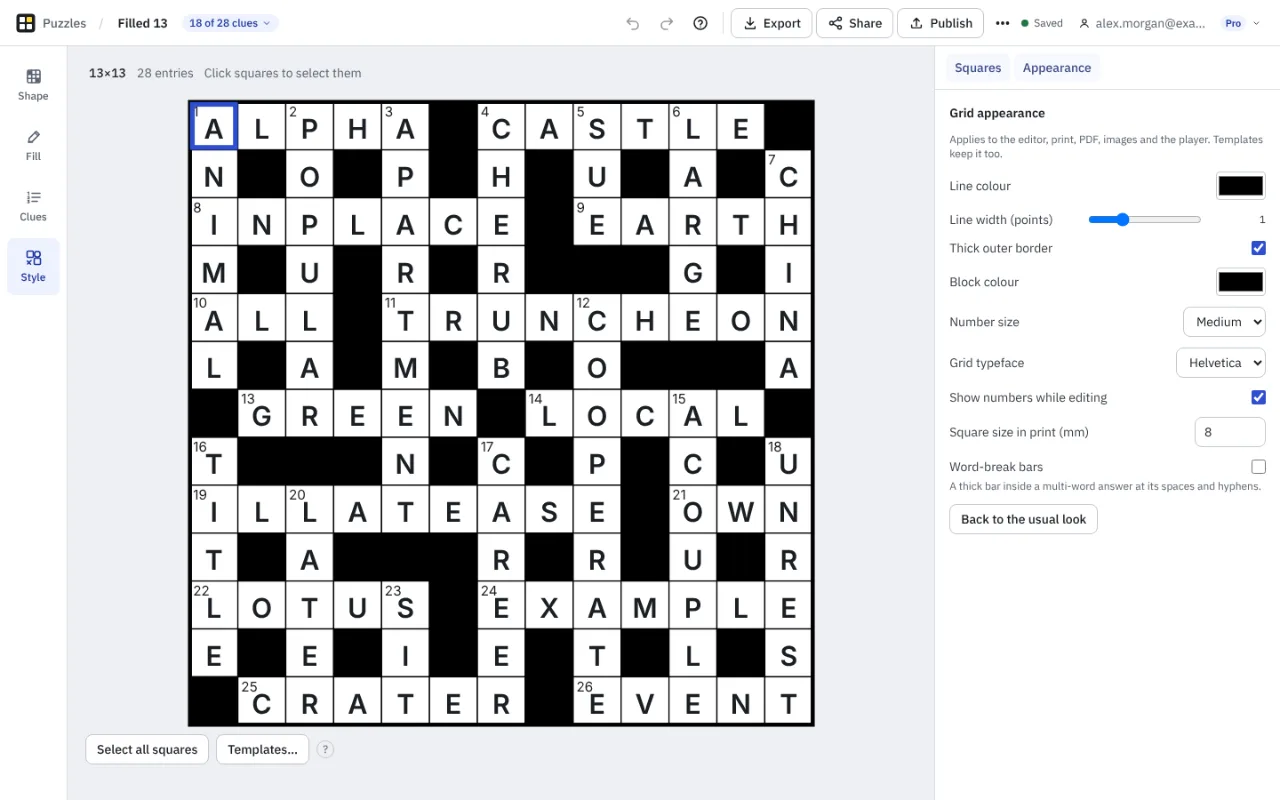 Style mode: the grid with the Appearance tab on the right, showing line colour, line width, outer border, block colour, number size, typeface and square size for print.